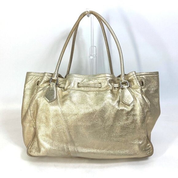 PRADA Shoulder Bag Logo fringe bag drawstring Tote Bag Leather Gold - Picture 3 of 13